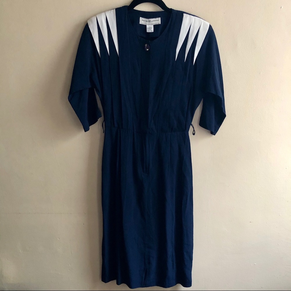 Vintage Navy & White Dress with Diamond Dart Details on Shoulder